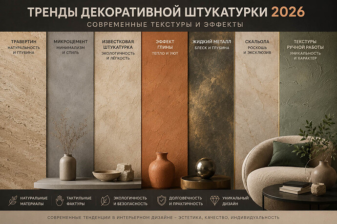 Тренды декоративной штукатурки 2026 - современные текстуры интерьера